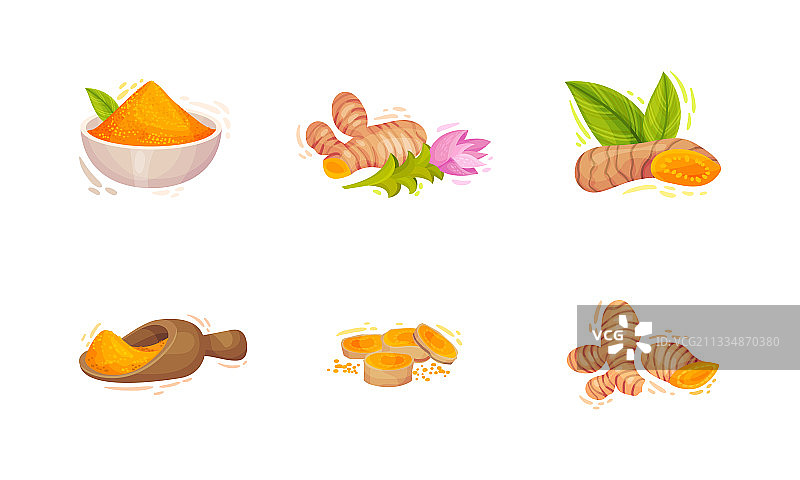 姜黄植物、姜黄根和碗中的姜黄粉图片素材