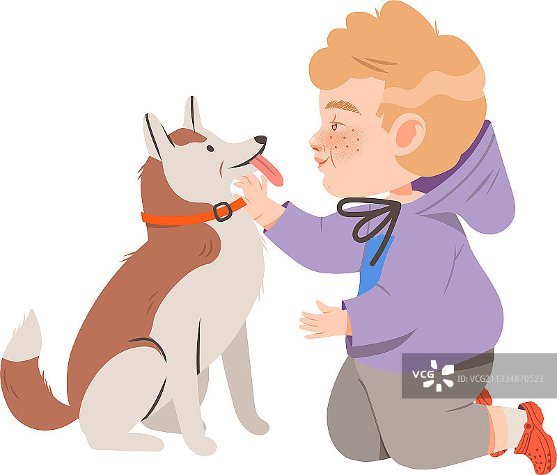 长雀斑的男孩爱抚他的狗图片素材