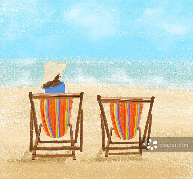 女孩坐在沙滩椅上看海图片素材