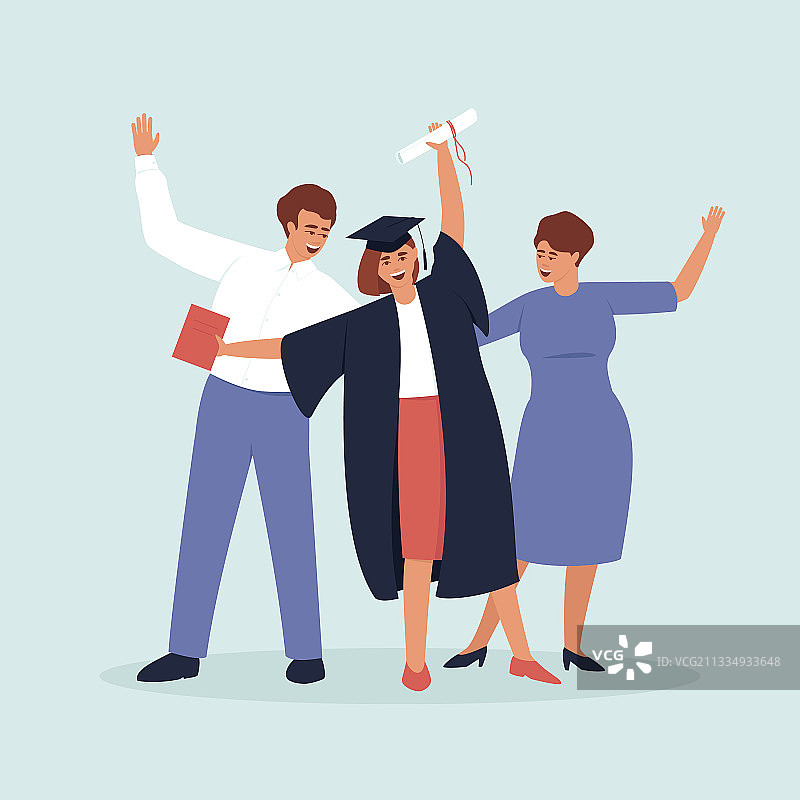 身着舞会礼服、戴毕业帽的毕业生与父母图片素材