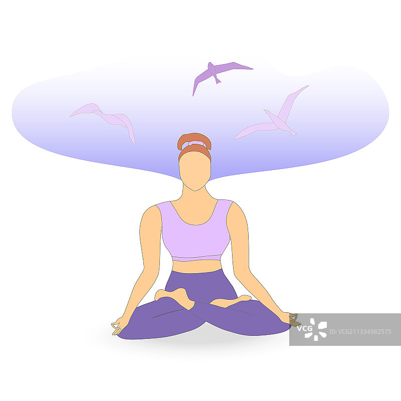 单身女人莲花坐冥想与飞鸟图片素材