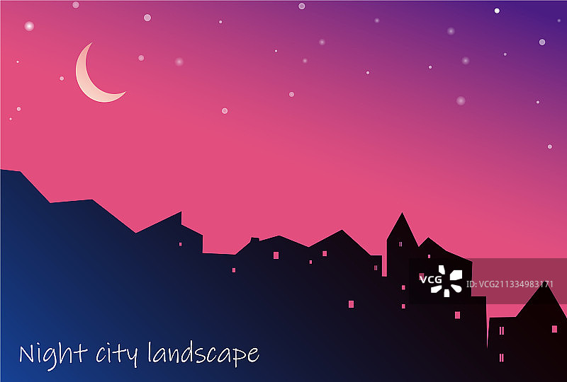 夜间城市房屋轮廓与月亮图片素材