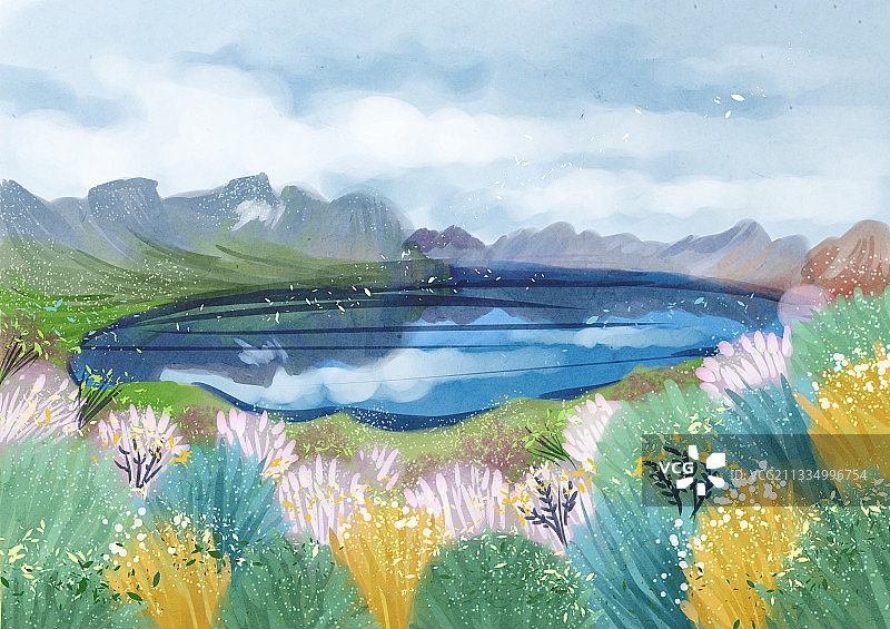 中国月份旅行插画系列-长白山天池图片素材