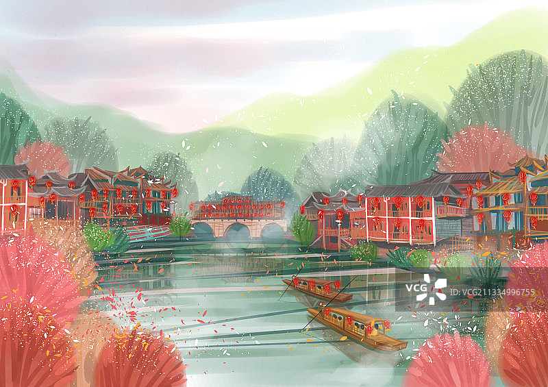中国月份旅行插画系列-凤凰古城图片素材