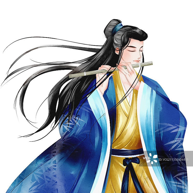 中画风古代男性吹笛子插画元素图片素材