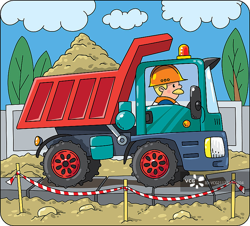 卡通倾卸卡车里的建筑工人图片素材