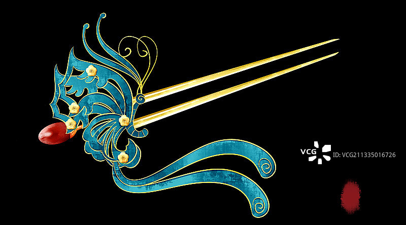 中国风水彩配饰蝴蝶钗插画元素图片素材