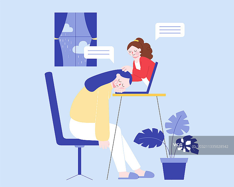 趴在桌前哭泣的女子扁平插图 线上咨商概念图片素材