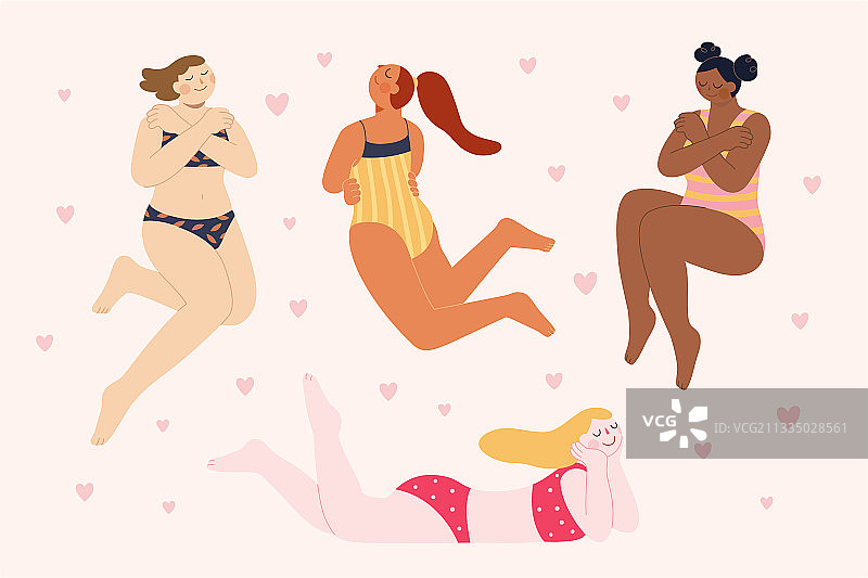爱自己的身体扁平概念插图 多族群肤色女子图片素材