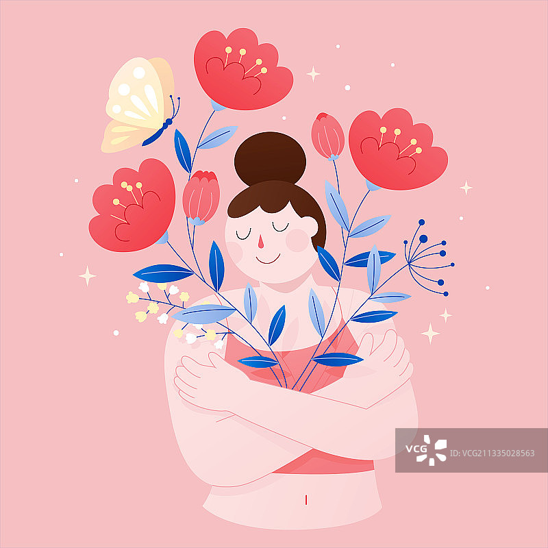 拥抱自己的身体扁平概念插图 女子与花朵图片素材