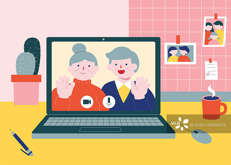 与长辈线上通话联系感情扁平概念插图图片素材