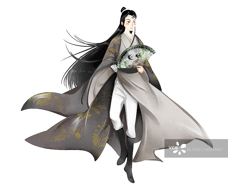 中国风男性拿折扇插画元素图片素材