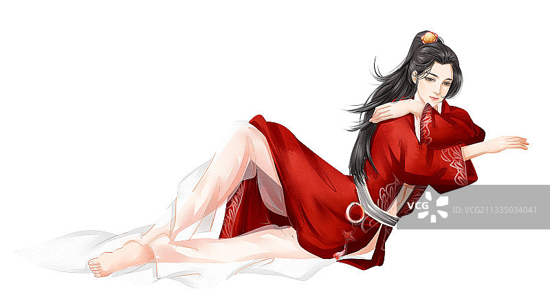 中国风红衣男性侧卧插画元素图片素材