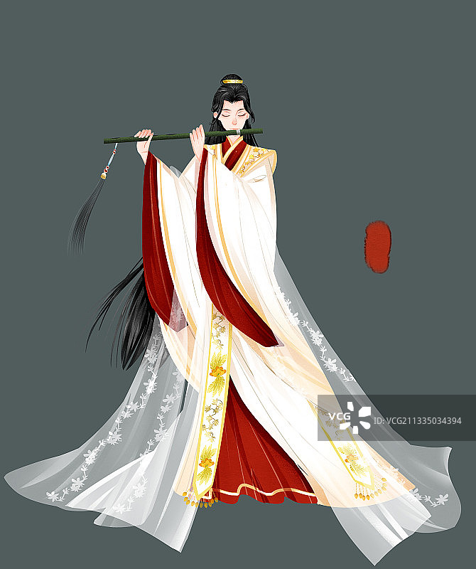 中国风红衣吹笛子插画元素图片素材