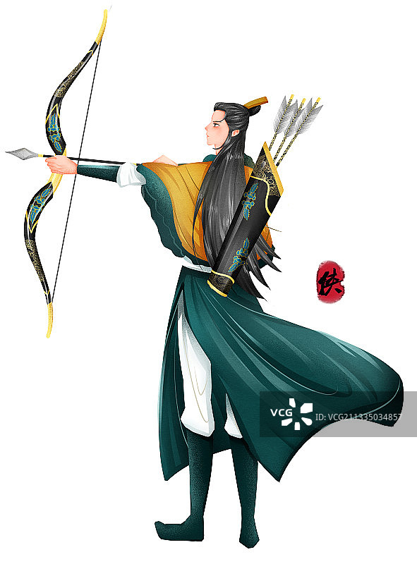 中国风男性射箭插画元素图片素材