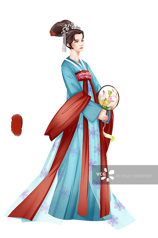 中国风古风女性拿着团扇插画元素图片素材