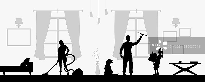 家庭清洁客厅黑色剪影图片素材