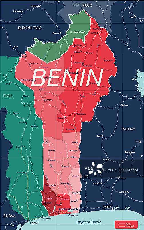 贝宁详细可编辑地图图片素材