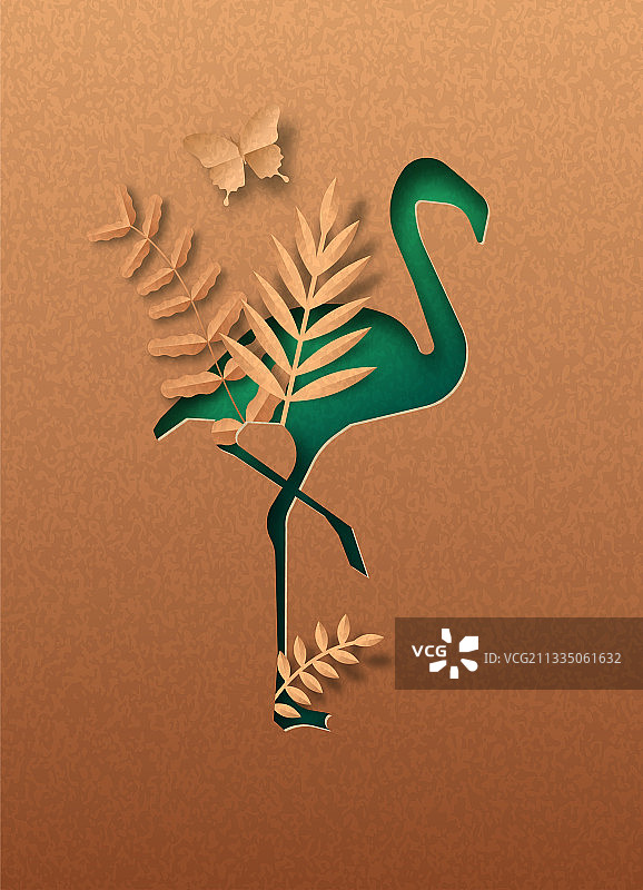 绿色剪纸火烈鸟图片素材