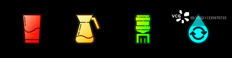 水杯、水壶、玻璃杯和饮水机套装图片素材