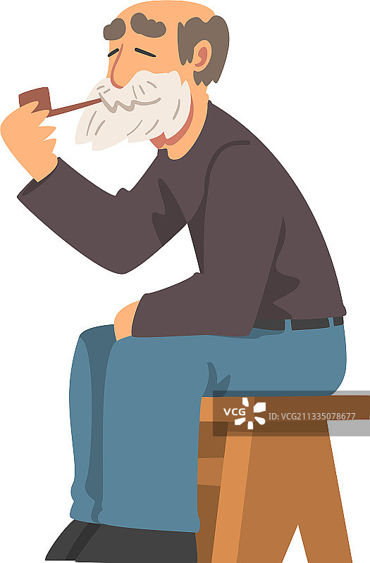 坐在长椅上抽烟斗的络腮胡老爷爷图片素材