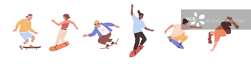 现代滑板运动员跳跃套装图片素材
