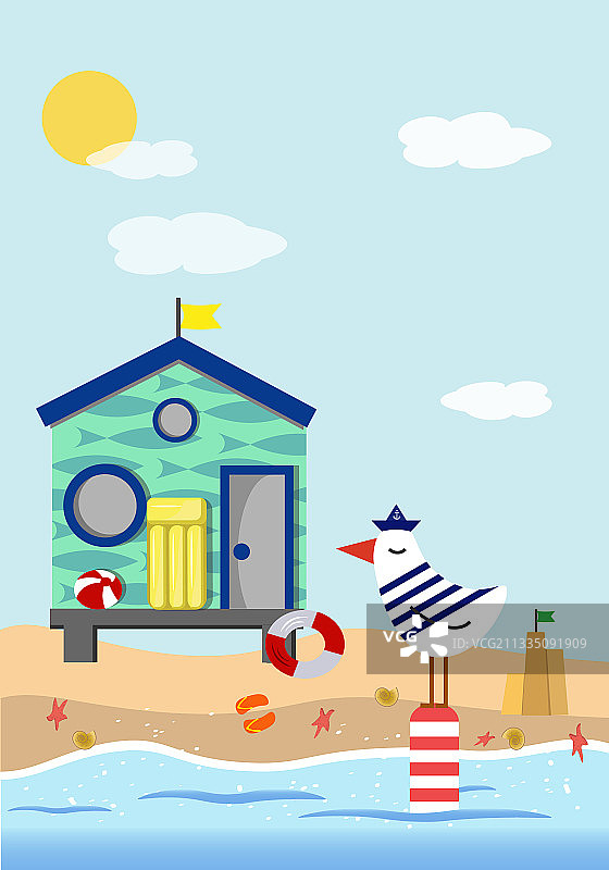 海滨别墅与海鸥的夏季图片素材