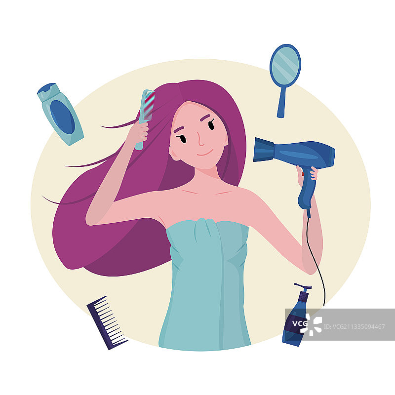 女孩吹干头发图片素材