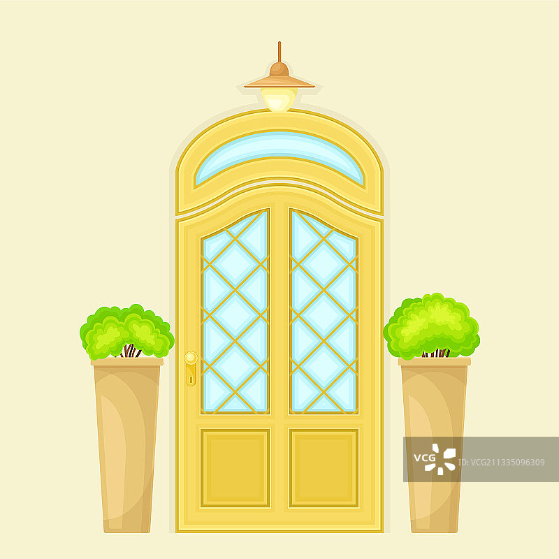 装饰着绿色灌木的单扇门面图片素材