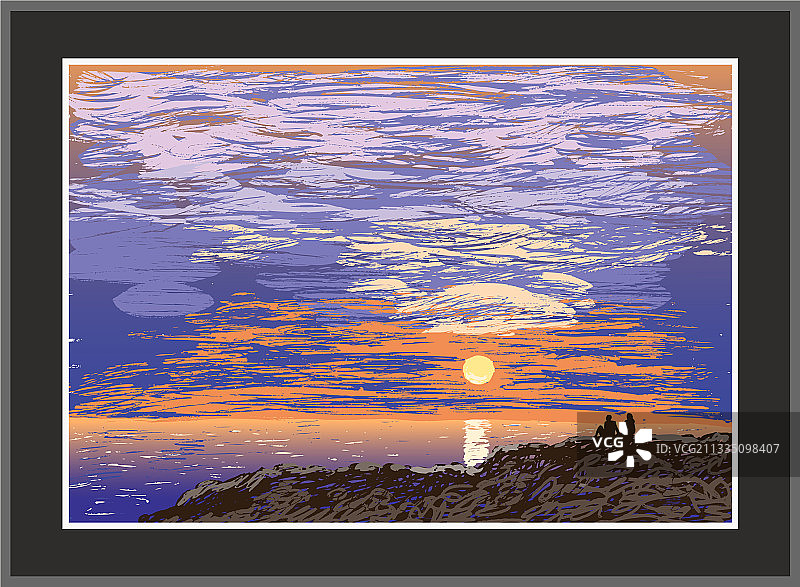 情侣坐在海边的手绘日落图片素材