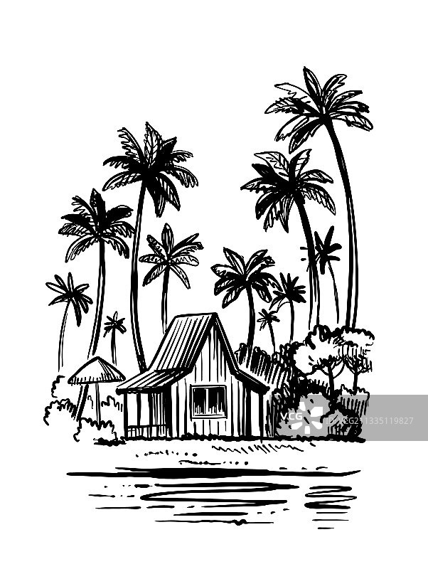海滩边的棕榈树小屋图片素材