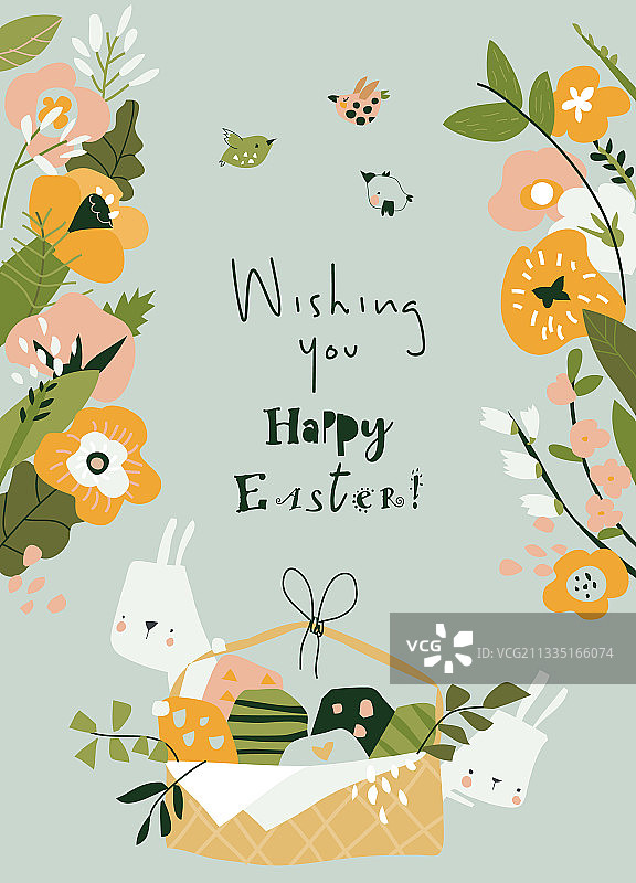 卡通复活节兔子和鲜花图片素材