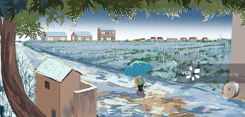 童年往事90年代怀旧上个世纪上学下雪天生活插画图片素材