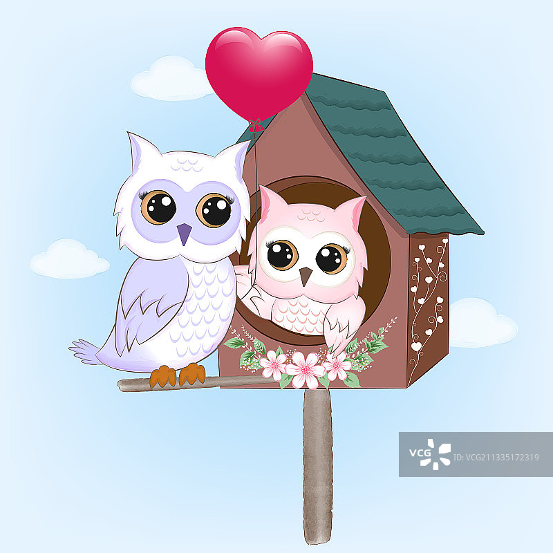 猫头鹰和鸟舍的情侣情人节概念图片素材