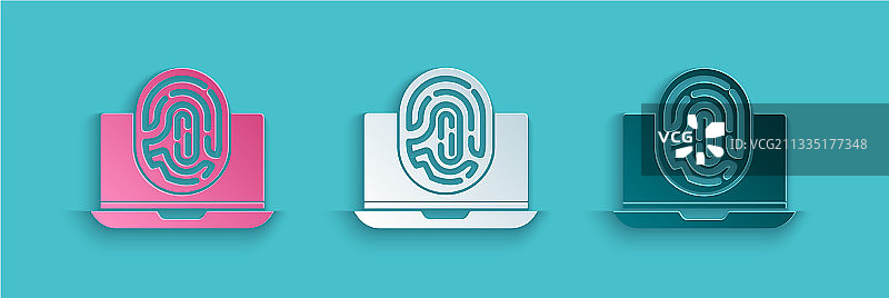 带有指纹的笔记本电脑剪纸风格图标图片素材