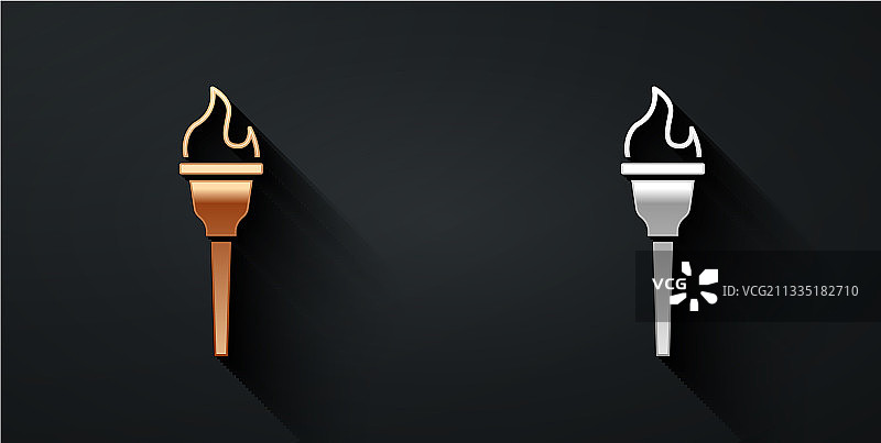 黑色背景上的金色和银色火炬火焰图标图片素材