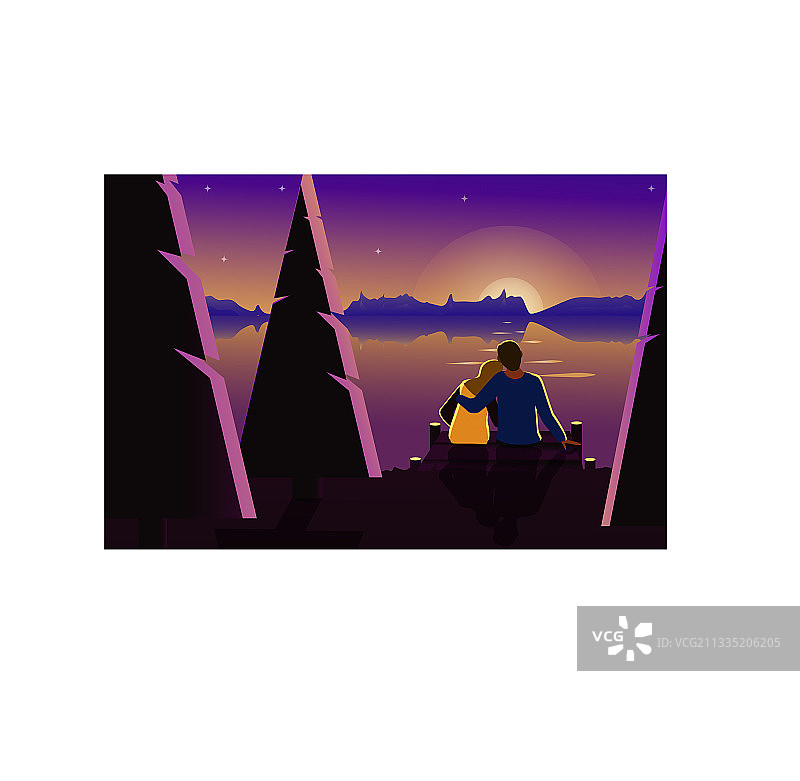 情侣坐在河岸边图片素材