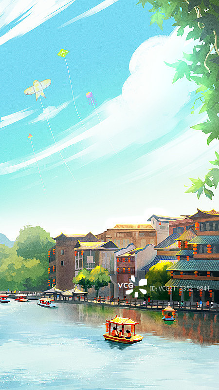 夏至古镇湖边划船图片素材