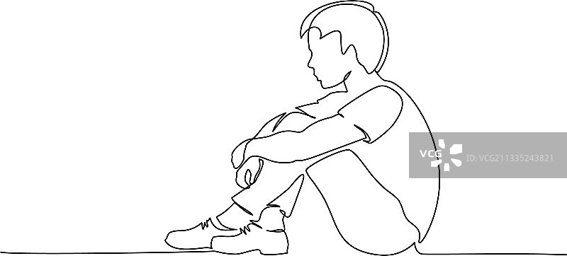 悲伤的年轻男孩独自坐着的一条线图片素材