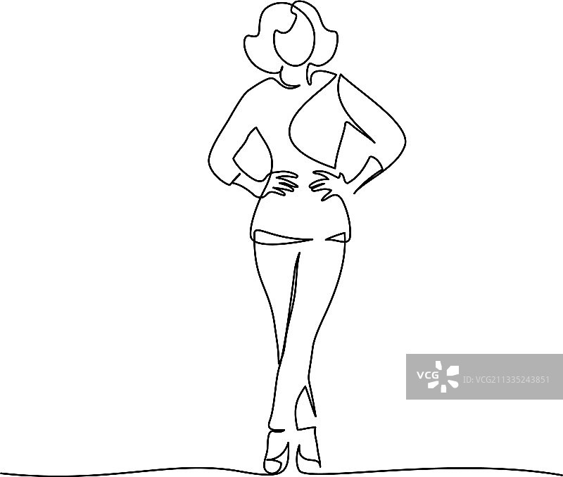 穿裤子的苗条女孩单线站立图片素材