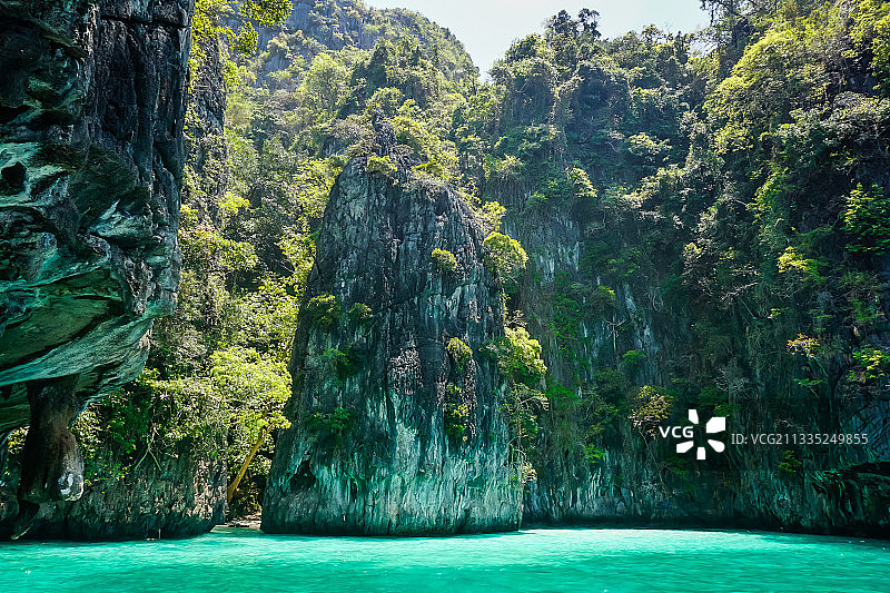 森林树木掩映下的海景图片素材