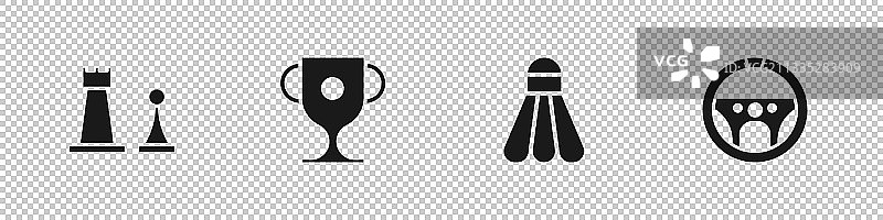 国际象棋奖杯、羽毛球和羽毛球拍合集图片素材