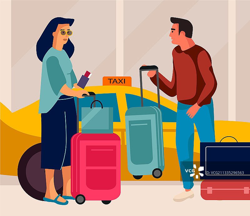 卡通风格的女子乘坐出租车图片素材