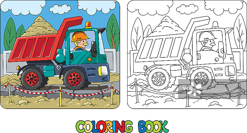 建筑工人在自卸卡车中的涂色书图片素材