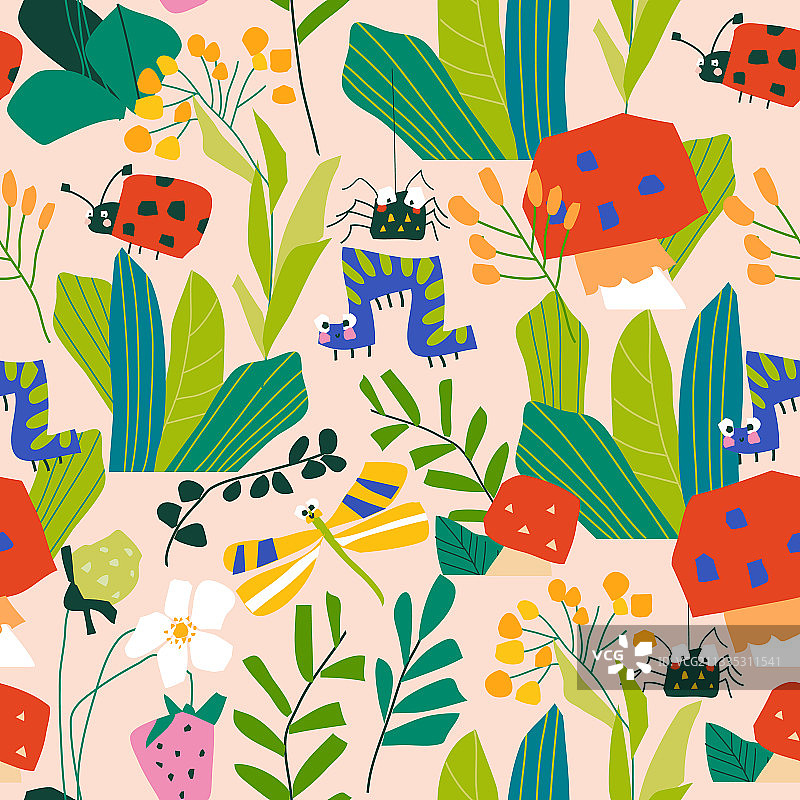 夏季植物昆虫无缝图案图片素材