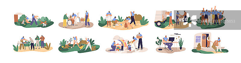 志愿者帮助和支持老年人套装图片素材