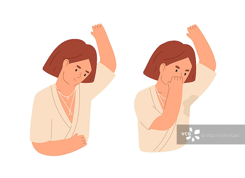 不快乐的女人，腋下有异味和汗水图片素材