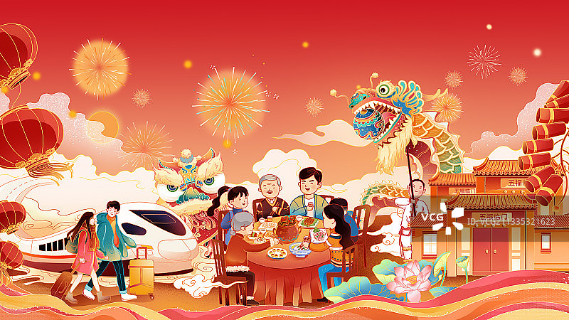 新年春节国潮风插画春节氛围图片素材