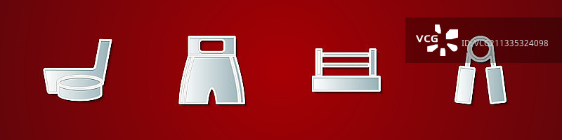 冰球杆、冰球、拳击短裤和拳击台套装图片素材