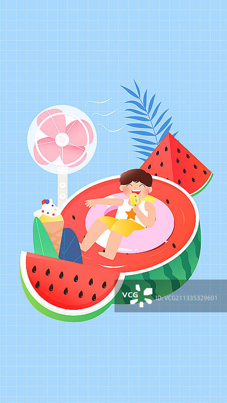 大暑夏至夏天儿童西瓜风扇游泳圈大暑节气矢量插画海报竖图图片素材